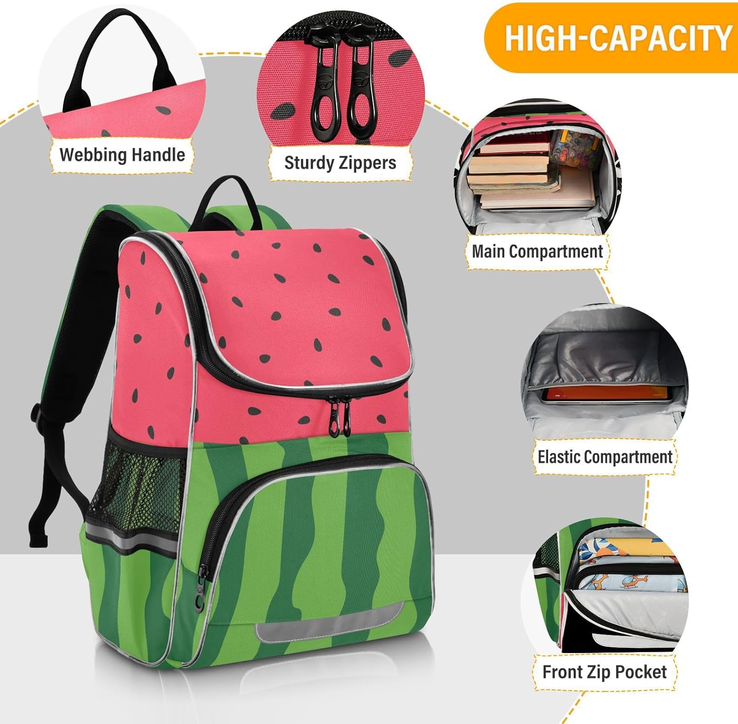 Watermelon Backpack - Large Capacity Printed Bookbag for Kids & Teenagers, Red Watermelon Fruit Design, Boy & Girl School Backpack
