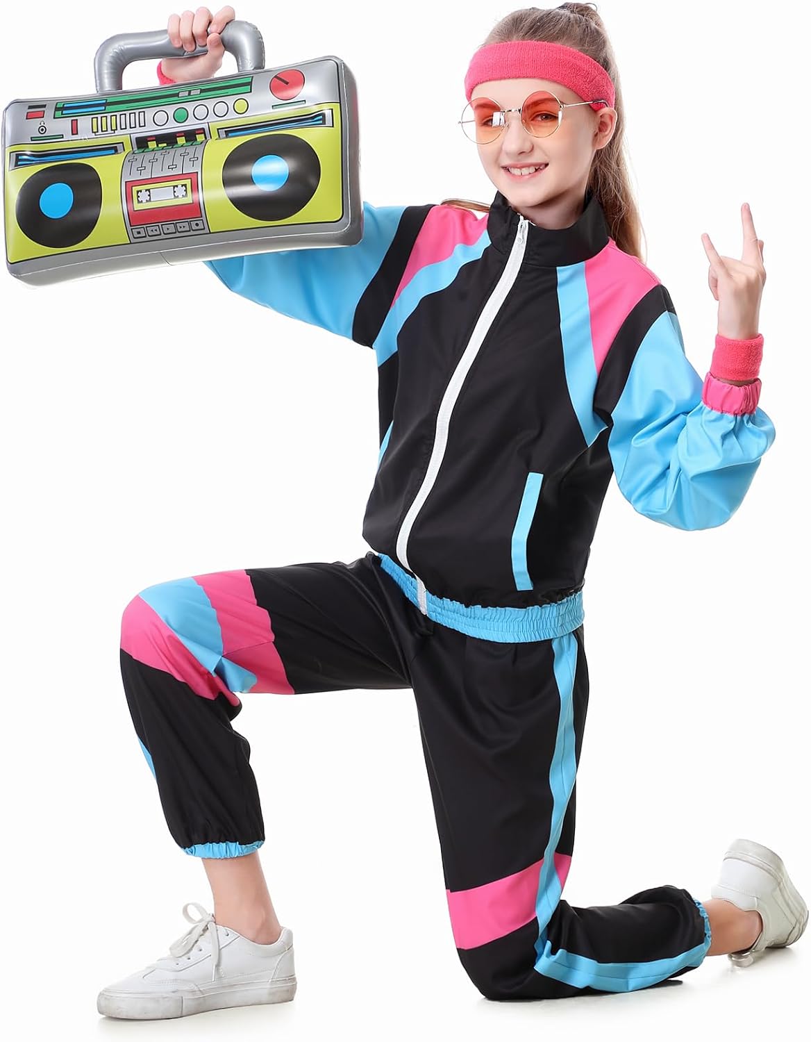 TIMSOPHIA 80s Tracksuit for Kids, 90s Outfits Boys Girls 6PCS Hip Hop Dance Costume, Colorblock Jacket for Retro Theme Party (Black, 9-10 years) - Image 6