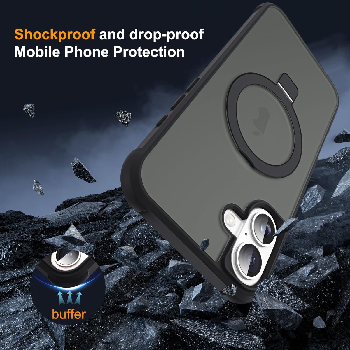SKYLMW Compatible with iPhone 16 Case with Invisible Magnetic O-Ring Stand Military-Grade Translucent Case for iPhone 16 6.1" [Compatible with Mag-Safe][Great Grip Feeling], Black
