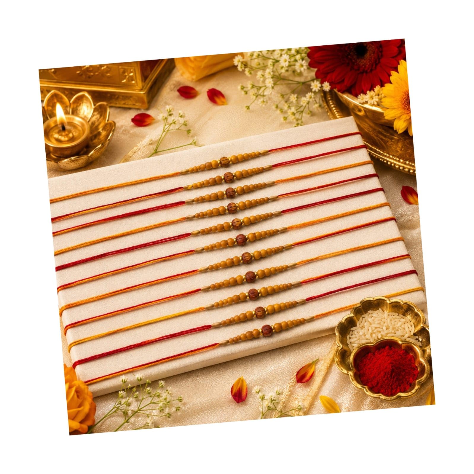 Set of 12 Assorted Scented Chandan Rakhi for Brother with Roli Chawal, Traditional Sandalwood Beads and Rudraksha Raksha Bandhan Thread Combo Pack-image-17