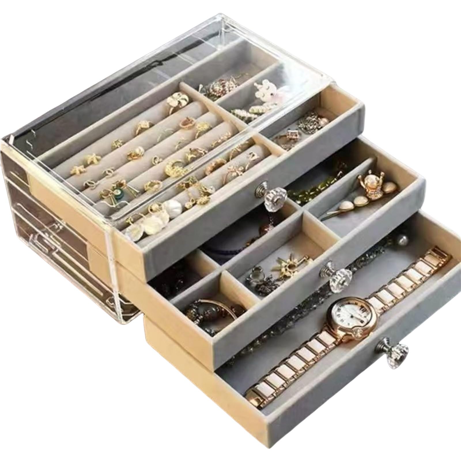 Mllepjdh Velvets Jewelry Organiser 3 Drawers Stackable Display Case for Earrings Necklace Bracelets Accessories Holder Jewelry Organiser