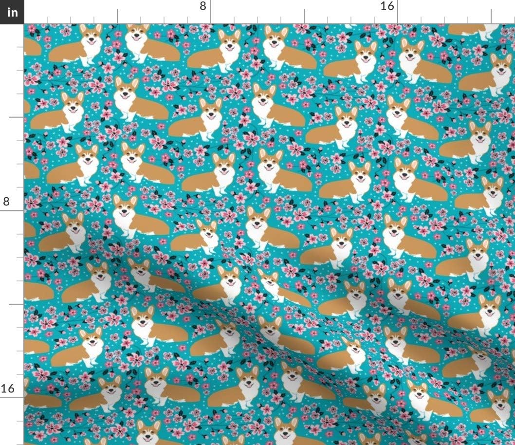 Spoonflower Fabric - Corgi Spring Florals Cherry Blossom Japan Corgis Printed on Upholstery Velvet Fabric Fat Quarter - Upholstery Home Decor Bottomweight Apparel