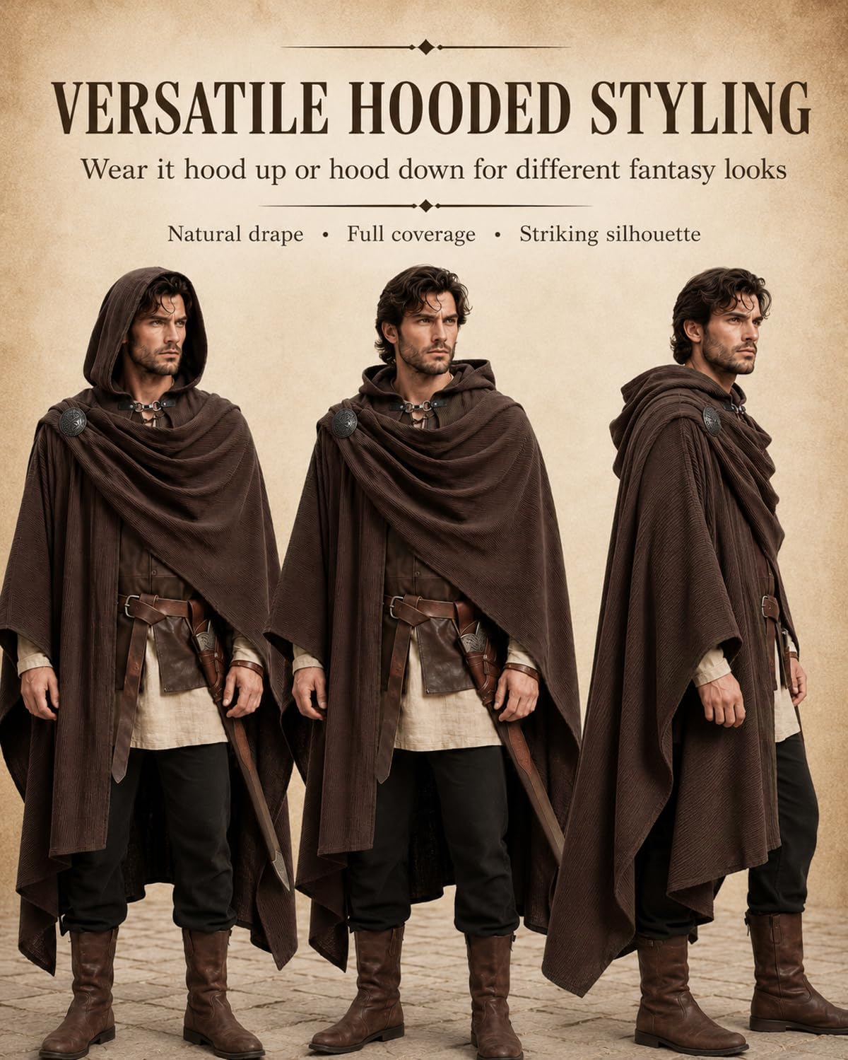 Medieval Hooded Cloak Cape with Brooch Fantasy Poncho Vintage Ranger Renaissance Cosplay Robe for Halloween Ren Faire