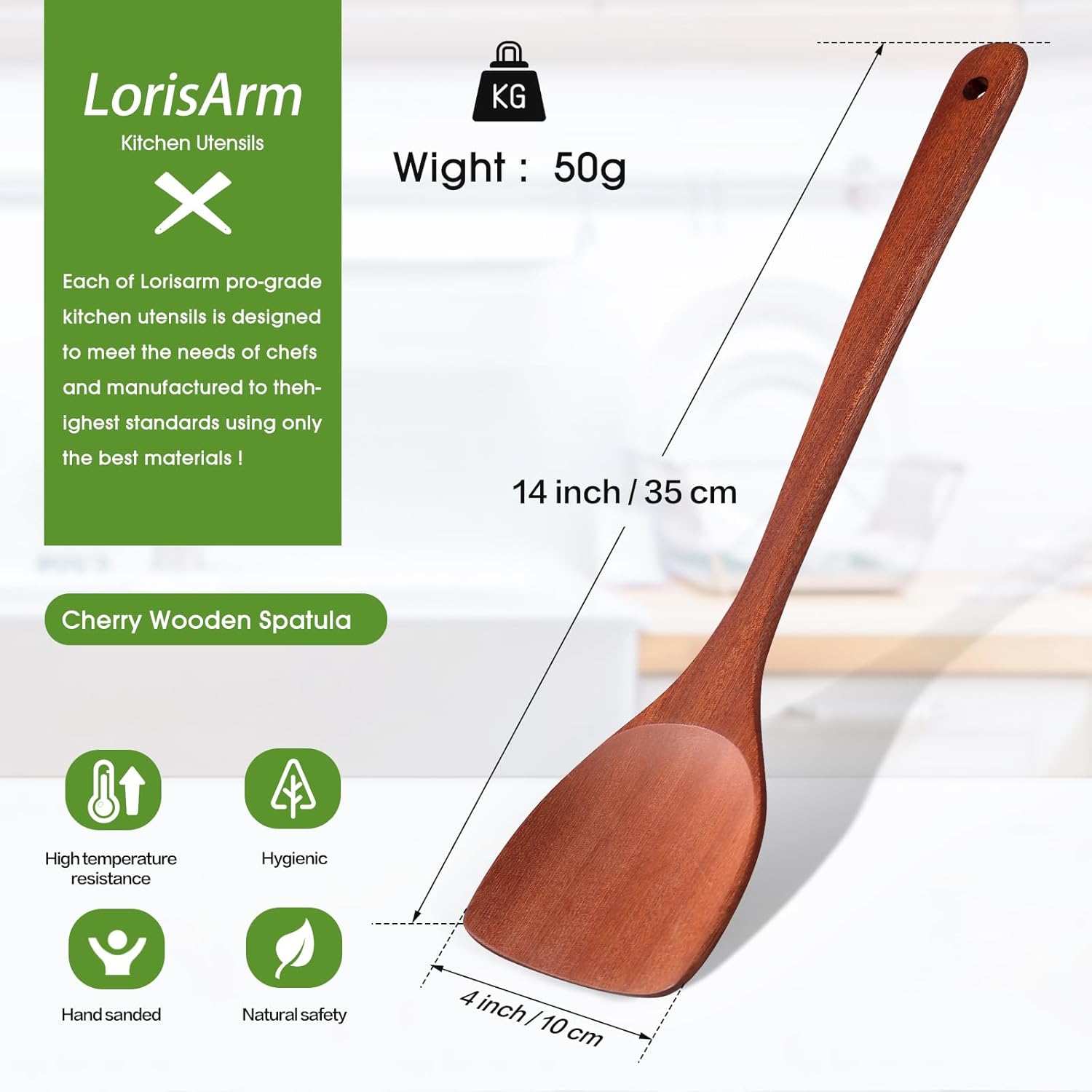 13.5-inch Cherry Wooden Spatula Turner Long Handle, Wood Kitchen Spatula Turner, Egg Scraper, Wood Cooking Utensil, Kitchen Spatulas for Flipping, Serving, Scraping & Turning. - Image 3