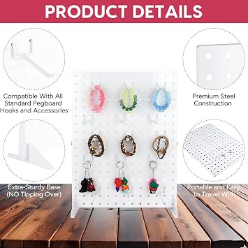 Metal Pegboard Display Stand with 15 Peg Hooks for Craft Shows & Fairs, Jewelry Retail Display Rack for Selling Accessories,Display Stands for Earring,Pin Stands,Retail Vendors(17*13inch,White)