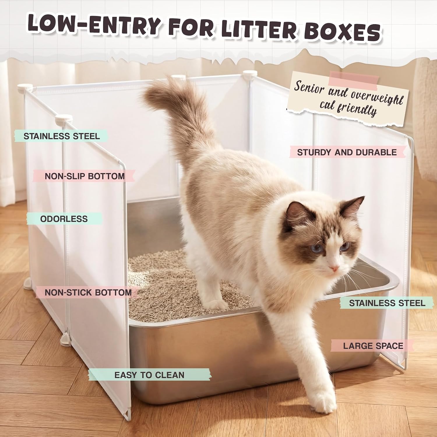 Lounsweer XXXL Stainless Steel Litter Box for Small Cat Hamster Rabbits, 27.5 x 20 x 4 Inch Large Litter Box with Shield, Low Entry for Multiple Kittens, Senior, or Injured Cats, Easy to Clean