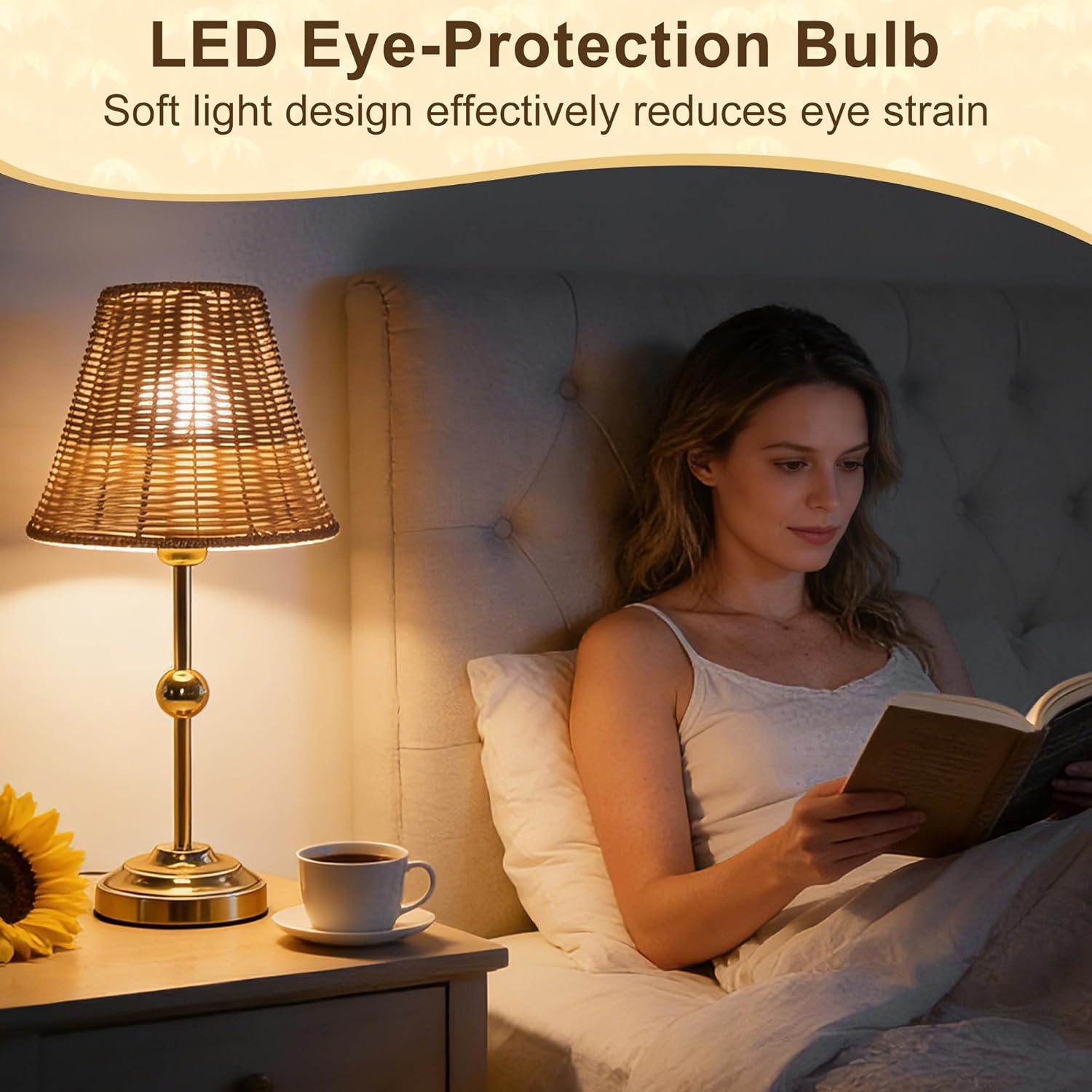 Rattan Table Lamp,LED Beside Lamps,Vintage Wicker Night Light,3 Way Color Temperature Reading Lights,Boho Desk Lamp for Bedroom Living Room Dining Home Decoration