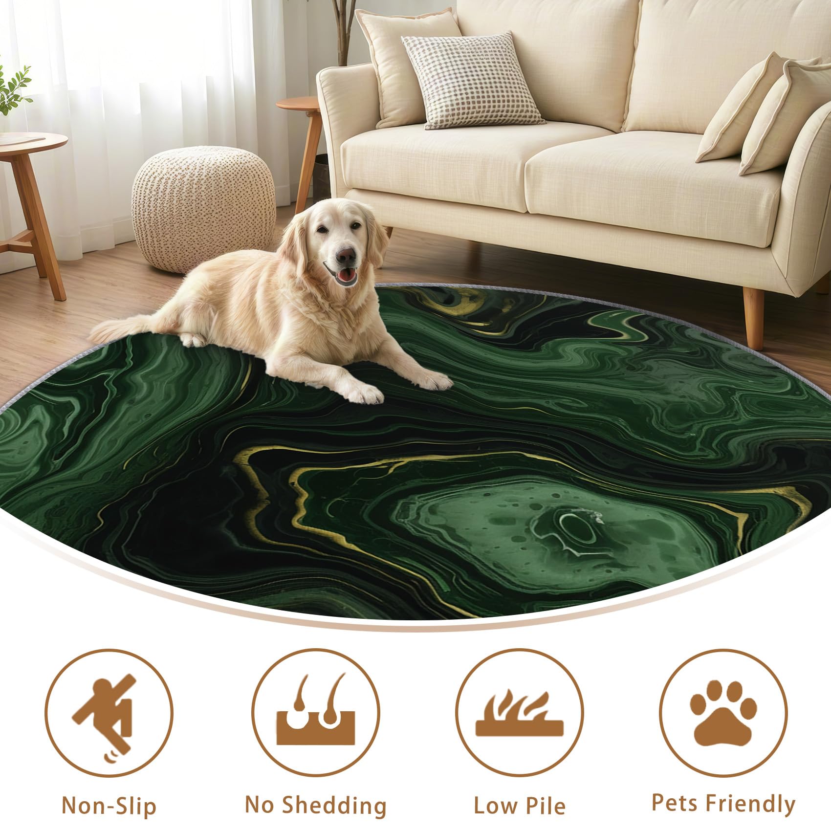 Grün Marmor Teppich Rund 200cm Kurzflor - Waschbare Teppiche Wohnzimmer Marmor Optik - Runder Teppich 200 cm Durchmesser Kinderzimmer - Bettvorleger Schlafzimmer rutschfest Weich