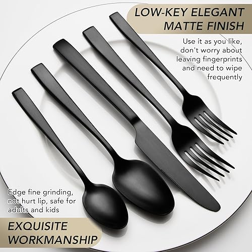 Miniatura 4 de EIUBUIE - Juego de cubiertos negros mate, 40 piezas de acero inoxidable de alta calidad para 8, juego de cubiertos mate, juegos de utensilios de
