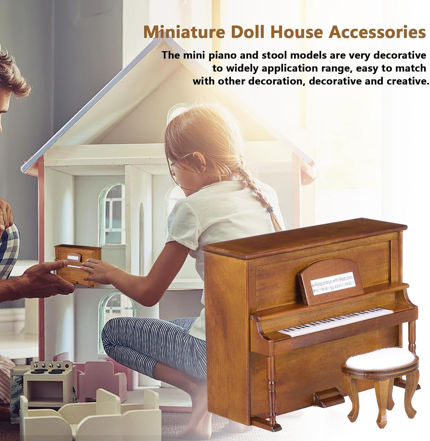 VOSAREA Miniature Piano and Stool Set, 1:12 Scale Wooden Dollhouse Upright Piano Dollhouse Furniture Decoration for Collectors and DIY