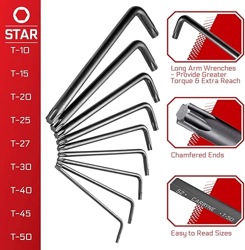 Vista 12 de Carbyne Juego de llaves Allen con extremo de bola de brazo largo de 35 piezas, pulgadas/métricas/torx. Incluye hexagonal métrico 0.050 in-0.394 in