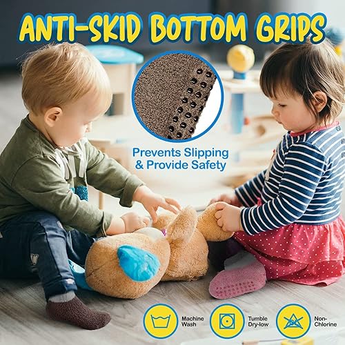 Miniatura 3 de Debra Weitzner 6 pares de calcetines cálidos y mullidos para niños con agarres, calcetines antideslizantes para niños pequeños