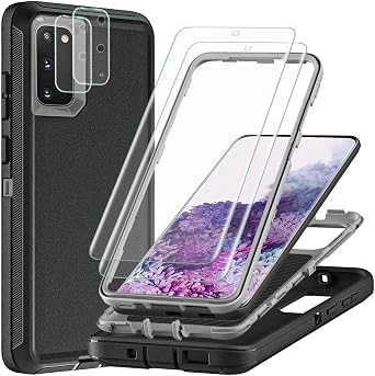 for Samsung Galaxy S20 Case with 2Pcs Self Healing Flexible TPU Screen Protector & Camera Lens Protector, 3 in 1 Heavy Duty Shockproof/Drop Proof/Dust Proof Case Black/Grey
