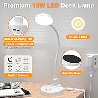 Vista 8 de 15W LED Desk Lamp with USB Charging Ports – Dimmable Table Lamp with 3 Color Temps, 5 Brightness, 4 Timers, Flexible Gooseneck Light with Base