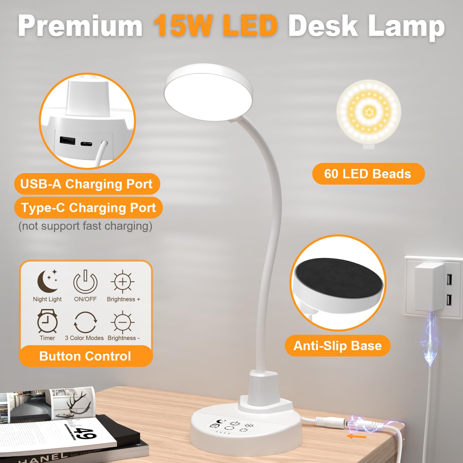 Lámpara de escritorio LED de 15W con USB-A y USB-C – Regulable, 3 temperaturas de color, 5 niveles de brillo, 4 temporizadores, cuello de cisne flexible de 360°, protección de los ojos