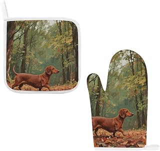2 Pcs Pot Holders Set, Wiener Dog Heat Resistant Cotton Oven Mitts & Hot Pads with Hanging Loops, Non-Slip Kitchen Potholders for Cooking, Baking, Countertop Protection