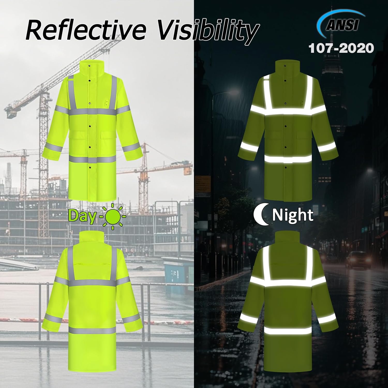Hi Vis Rain Jacket Rain Suits for Men, Hihg Visibility Waterproof Rain Coat with Hood, Class 3 Lightweight High Vis Rain Gear for Outdoor & Safety Work, Men Women, Yellow Long, XL - Image 3
