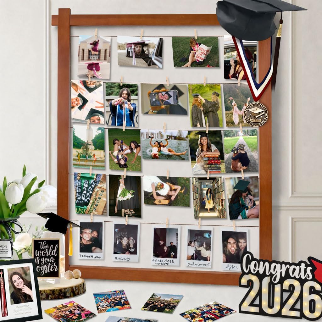 Class of 2026 Wooden Picture Frame Collage with Adjustable Jute Cords and Clips, Graduation Decorations 2026, Rustic Graduation Photo Display for Table & Wall Decor