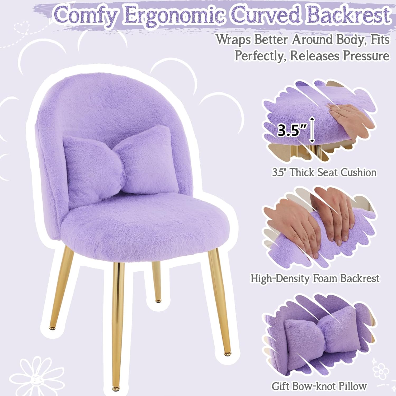 VINGLI Fluffy Girls Vanity Chair with Back & Pillow,Cute Small Cozy Desk Chair No Wheels,Comfy Makeup Ch with Ajustable Gold Legs,for Bedroom,Living Room,Small Space,Purple