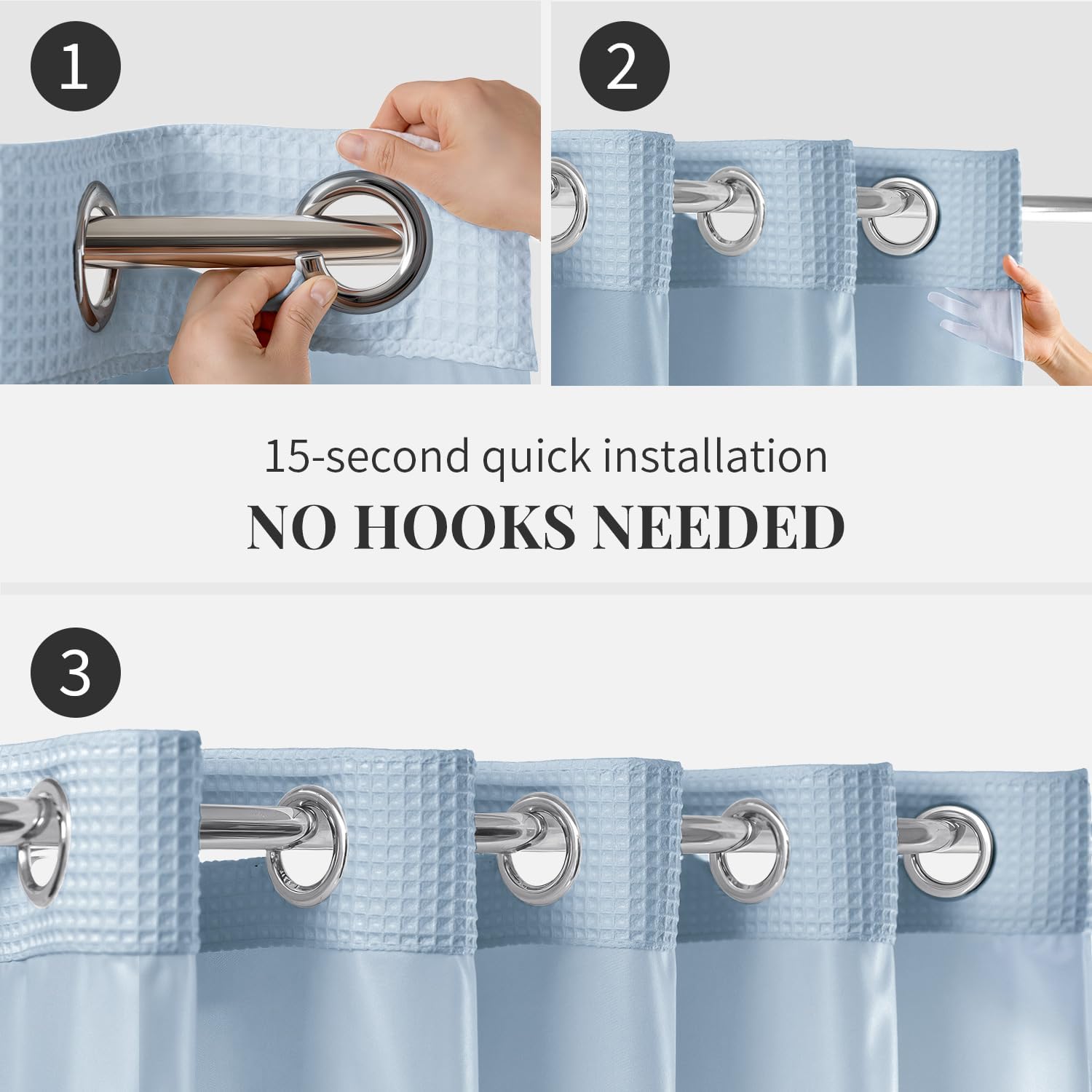 River Dream Misty Blue Fabric Shower Curtain Set, Cotton Blend, Waffle Weave, with Snap in Replacement Liner，54 x 80 inches