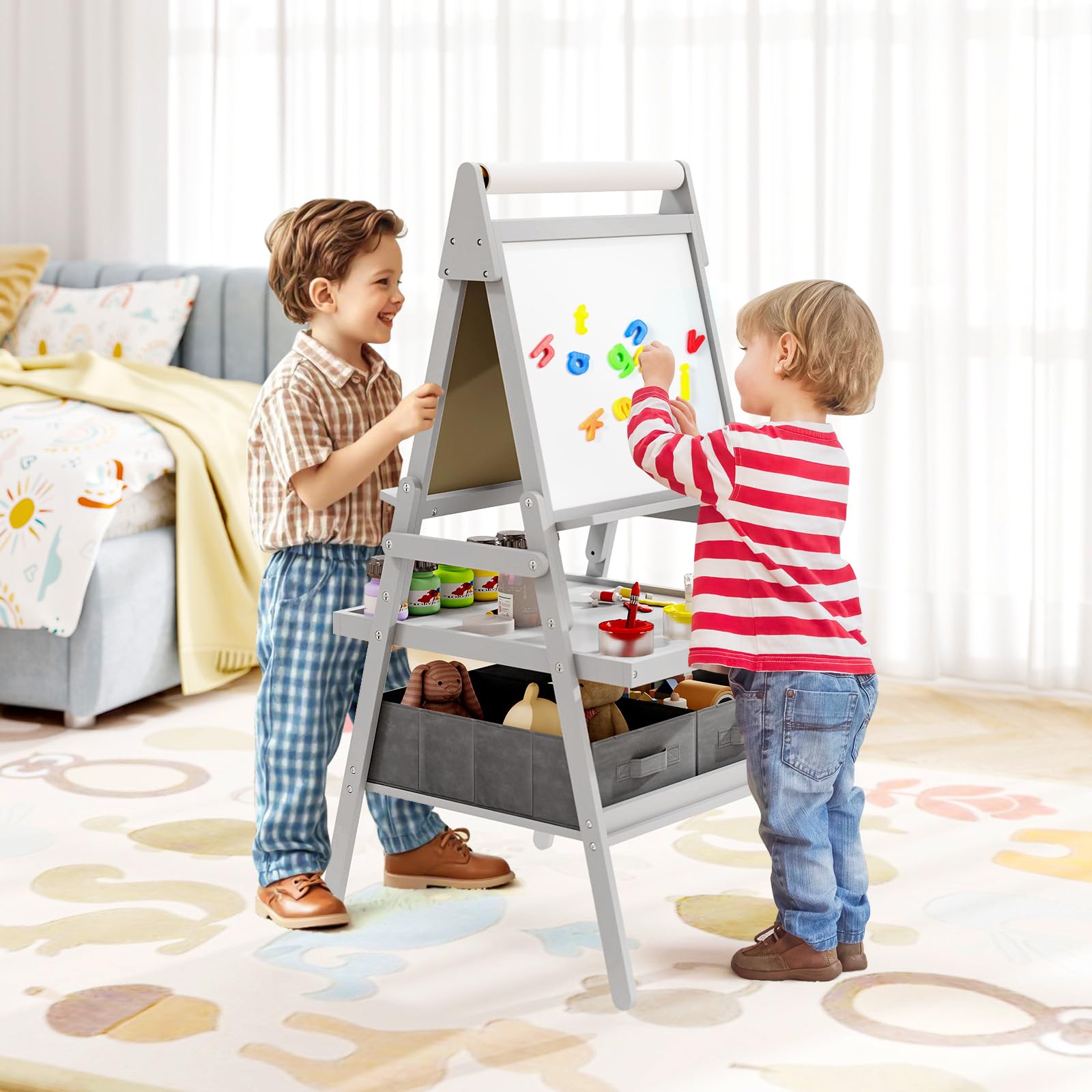 RELAX4LIFE 3 in 1 Lavagna per Bambini, Cavalletto con Doppia Faccia Magnetica e Lavagna Bianca, Rotolo di Carta, Scaffale Doppio e 2 Cesto in Tessuto Pieghevole, 3 Tazze, per 3+ Anni