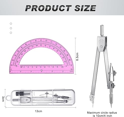 Miniatura 3 de Zonon Juego de transportador y brújula para estudiantes, juego de matemáticas de geometría para estudiantes, brújula para geometría y transportador