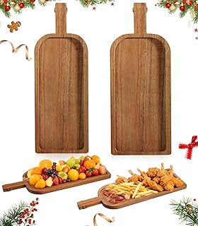 2PCS Wine Bottle Serving Board with Handle, Decorative Rectangular Long Food Trays for Home Decor, Acacia Wood Serving Platter, Unique Christmas Cutting Board Cheese Platter for Dinner Party