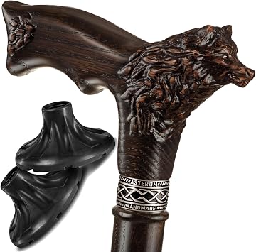 Asterom 36 inch Carved Wolf Cane with 2pcs Wide Base Rubber Cane Tips - Cool Walking Sticks for Men & Seniors - Handcrafted Canes for Men & Women - Wooden Cane Walking Sticks for Seniors