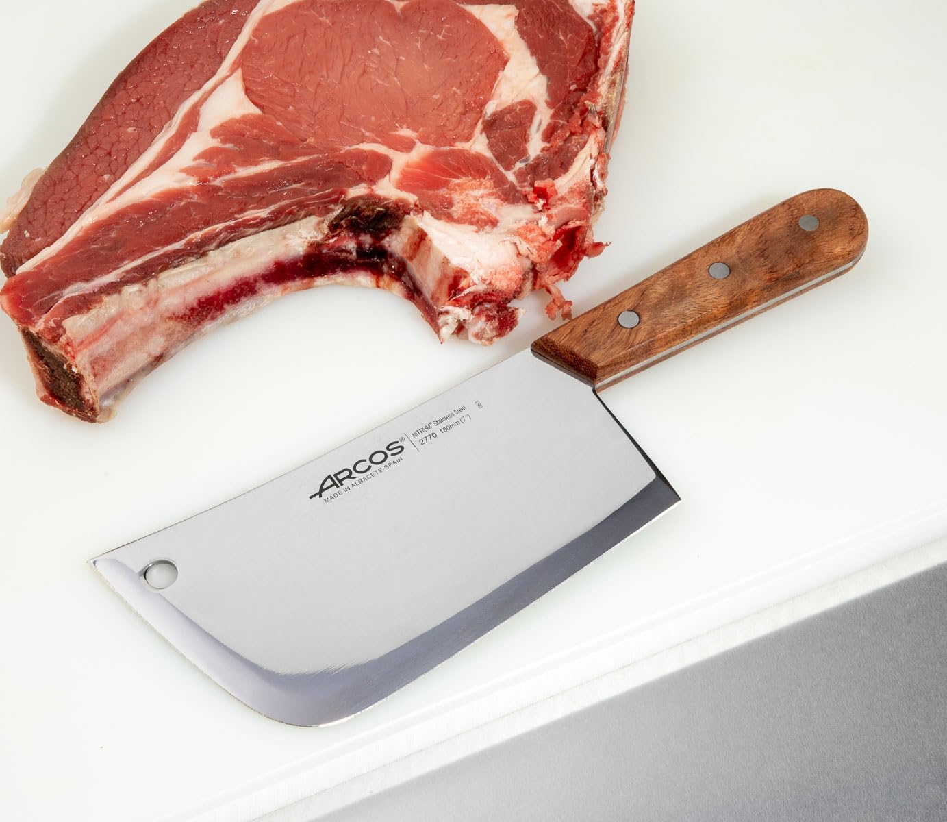 Arcos Kitchen Cleaver Knife - Bone and Meat Chopper. 180 mm NITRUM Stainless Steel Blade. Jatoba Wood Handle. Brown Color. Atlantic Series