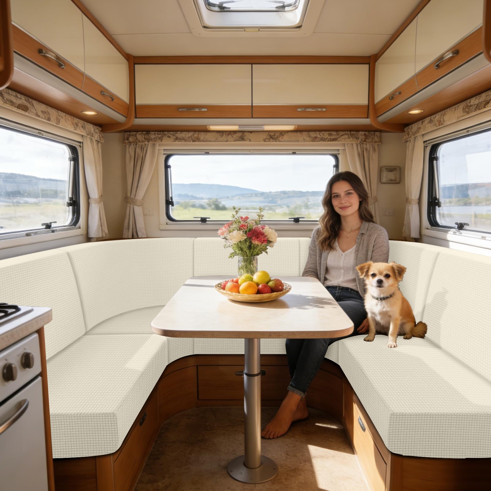 SYLC Caravan Seat Cover Stretch Jacquard, Non-slip RV Dinette Cushion Covers with 2 Straps, Couch Cushion Covers for Camper Sofa Bench (Ivory,Corner seat)