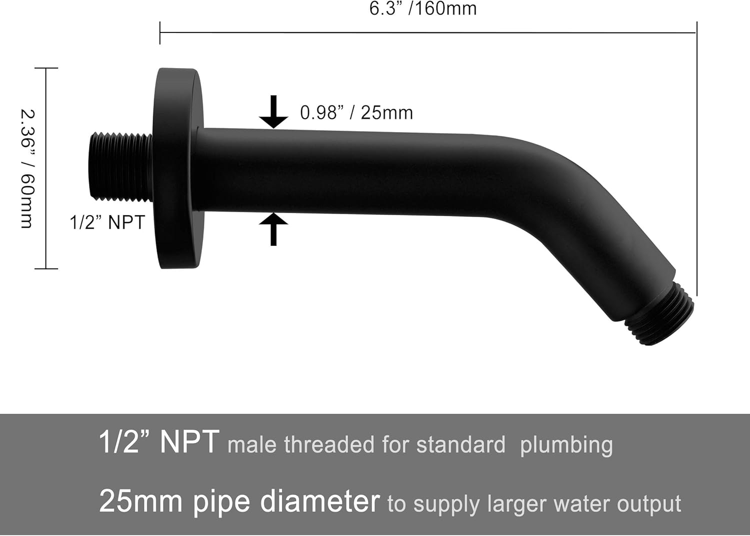 6 Inch Shower Arm and Flange - Solid Brass Wall Mounted Shower Arm Replacement for Fixed Shower Head, Matte Black