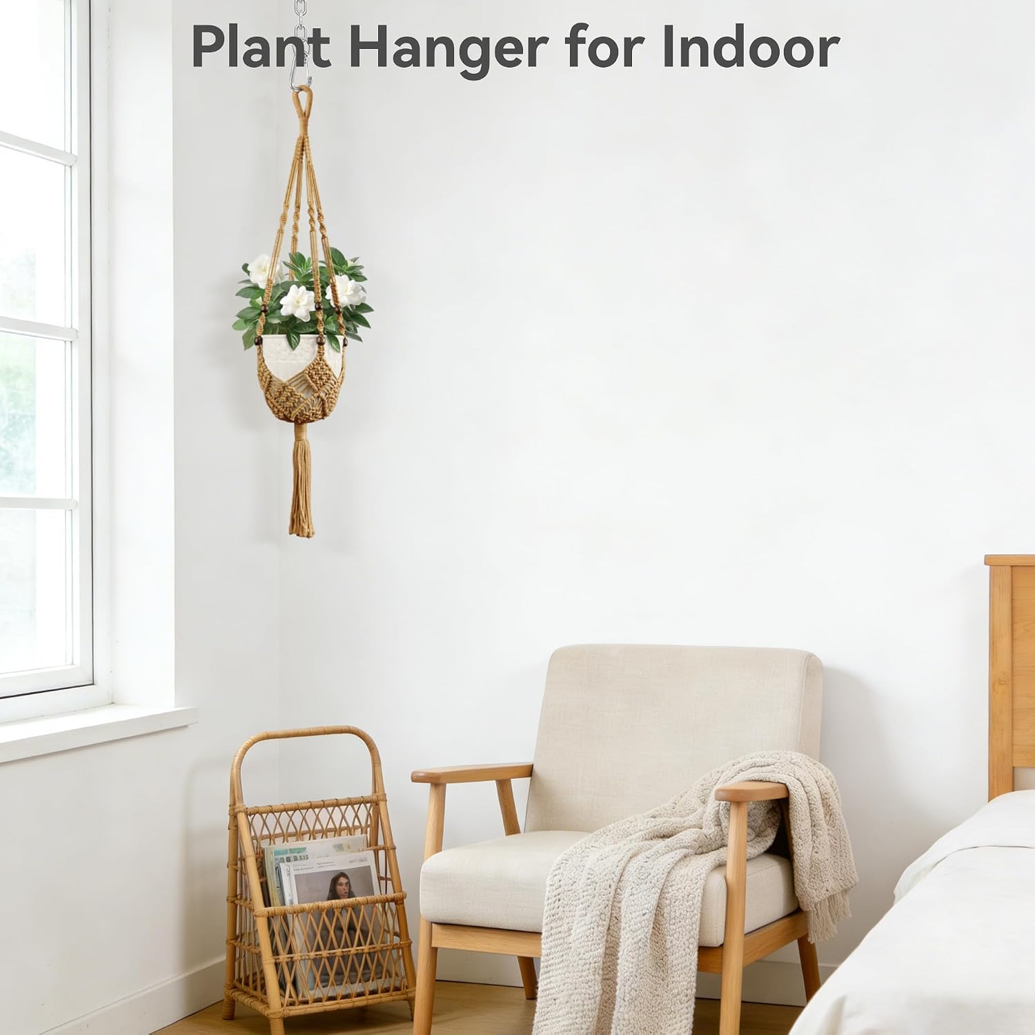 USLAI Macrame Plant Hanger Indoor Outdoor, Up to 3-6.5 inch Pot, Hanging Planter Holder with Beads and Tassels, Boho Home Decor, 35+35 Inch, Brown (POTS NOT Included)