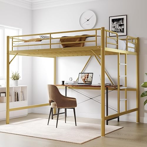 VINGLI Queen Loft Bed with Flat Rungs for Adults, Kids and Young Teens, No Box Spring Required,Heavy Duty Metal Slat Support, Gold