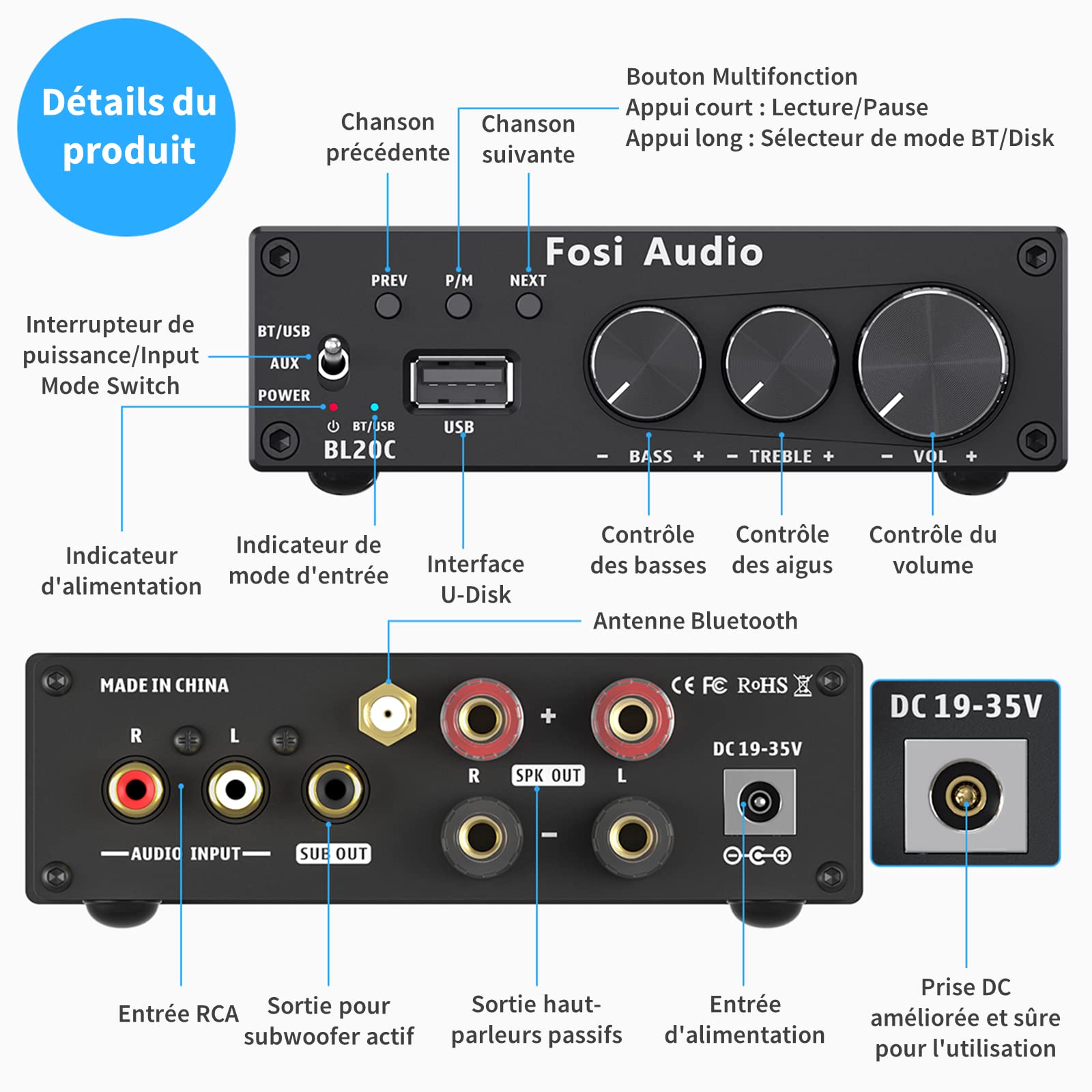 Fosi Audio BL20C 320 Watts Pouvoir Amplificateur Bluetooth 5.0 Lecteur de clé USB Mini Hi-FI 2.1 CH Classe D TDA7498E Ampli de Puissance intégré pour Enceintes Subwoofer Passives Actif Domestiques