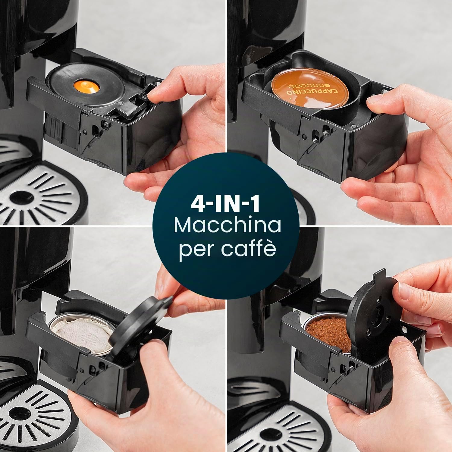 Princess 01.249450.01.001 Caffettiera Multifunzione, Compatibile con capsule Nespresso,Dolce Gusto,cialde ESE e caffè macinato, 19 bar, Nero e argento, 800 ml