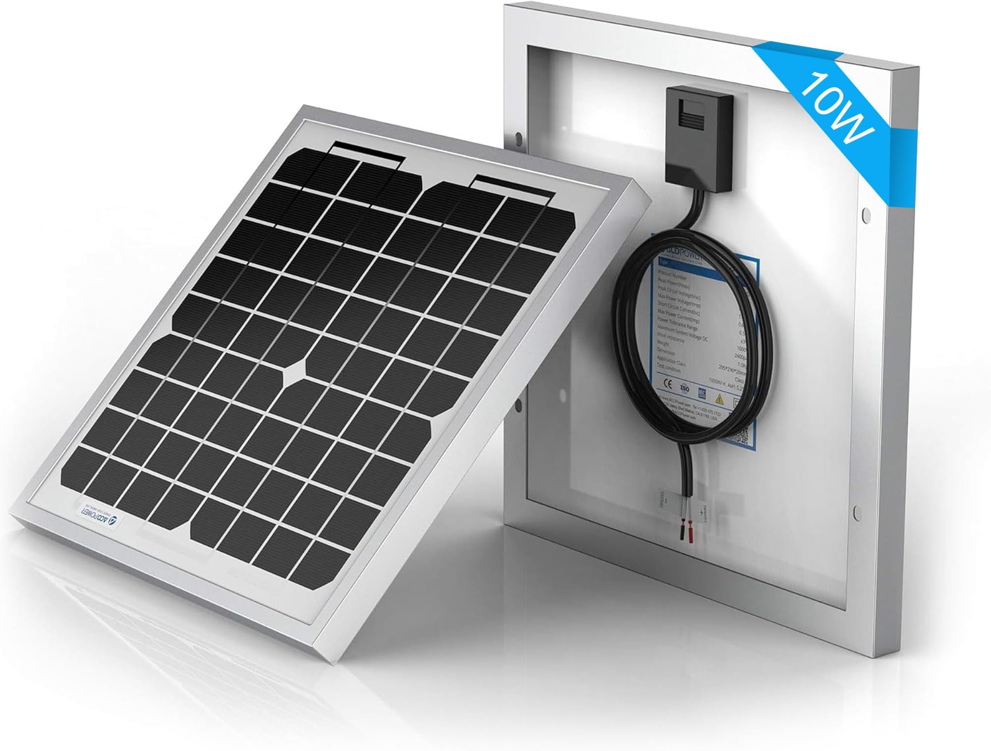 ACOPOWER HY010-12M Mono Solar Panel for 12V Battery Charging RV Boat, Off Grid, 10W
