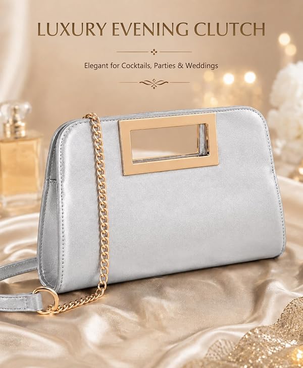 Vaschy Clutch Purse for Women,Fashion Vegan Leather Cut-Out Handle Evening Handbag Crossbody Shoulder Bag for Wedding,Party Silver by VASCHY - Image 7