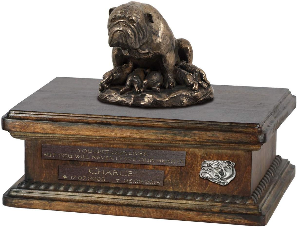 Art-Dog Custom Dog Sitting Statue Memorial Urn - Handmade Cold Cast Bronze on Birch Base – Sturdy and Stylish Urn for Dog’s Ashes – 8.3x11.4x8.7 – 5l – English Bulldog II