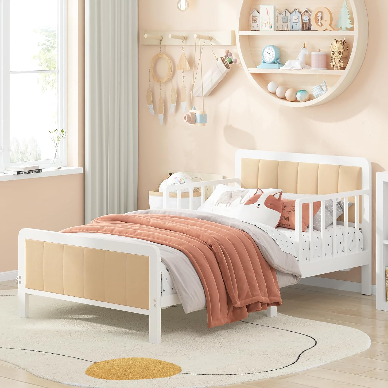 Timy Toddler Bed with Upholstered Bedside, Crib Metal Bed Frame with Safety Guardrails for Boys Girls Toddlers, White