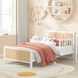 Timy Toddler Bed with Upholstered Bedside, Crib Metal Bed Frame for Kids | Safety Guardrails for Boys Girls Toddlers, White