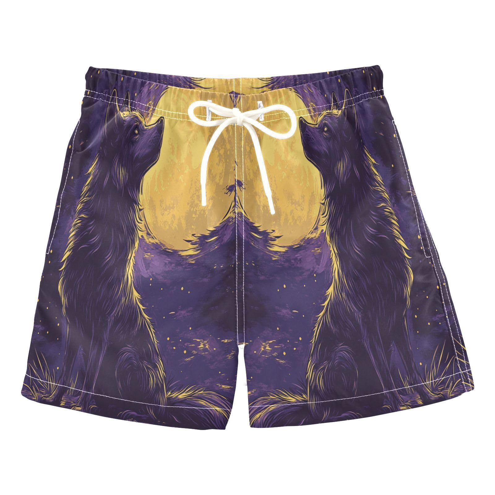 Jucciaco Boys Swim Trunk Quick Dry Beach Board Shorts Wolf Moon Graphic Purple Swimwear for Kids