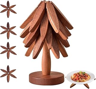 Wooden Trivets for Hot Dishes,Tree Shape Trivet Set, 4 Wooden Hot Dishes Plates + 1 Stand,Natural Collapsible Kitchen Wooden Hot Dishes for Pots, Pans, Bowls, Tea Kettles, Fondue Holders (Walnut)