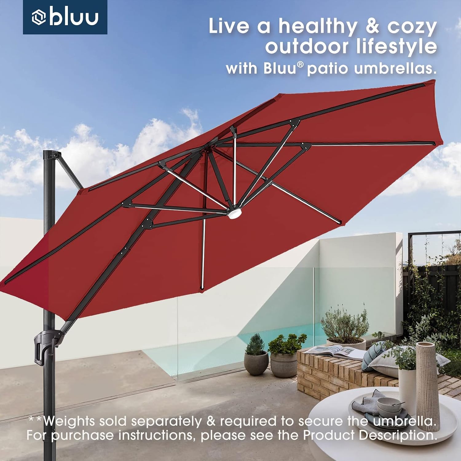 BLUU SEQUOIA 12 FT Solar Cantilever Umbrella LED Aluminum Offset Umbrella with 15 Strip Lights and Center light, Recycled Fabric 36 Month Fade Resistance, 360° Rotation & Cross Base (Burgundy Red)
