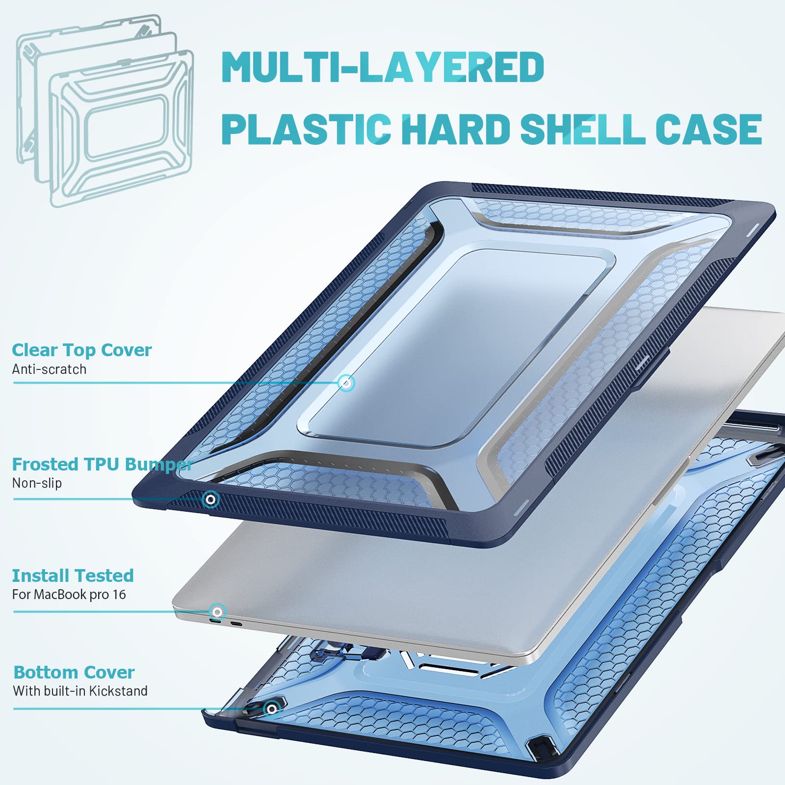 Custodia Hybird compatibile per MacBook Pro 16" 2019, guscio rigido classico in PC a nido d'ape + custodia in TPU con cavalletto pieghevole