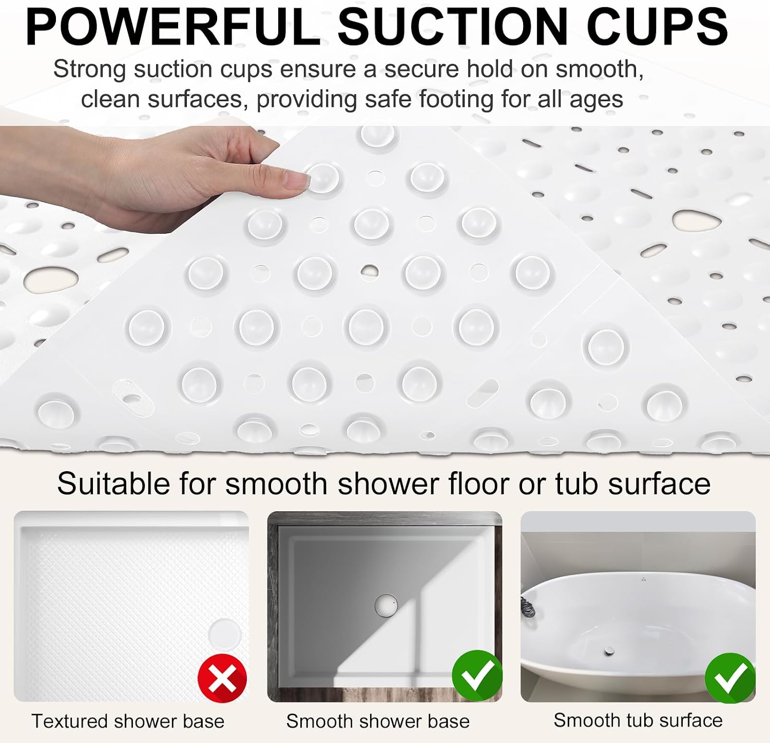 Extra Large Non-Slip Shower Mat: 27 x 27 Inch Square Shower Mats for Inside Showers with Center Drain, Suction Cups Shower Floor Mat, TPE Soft Shower Mat for Smooth Shower Stalls