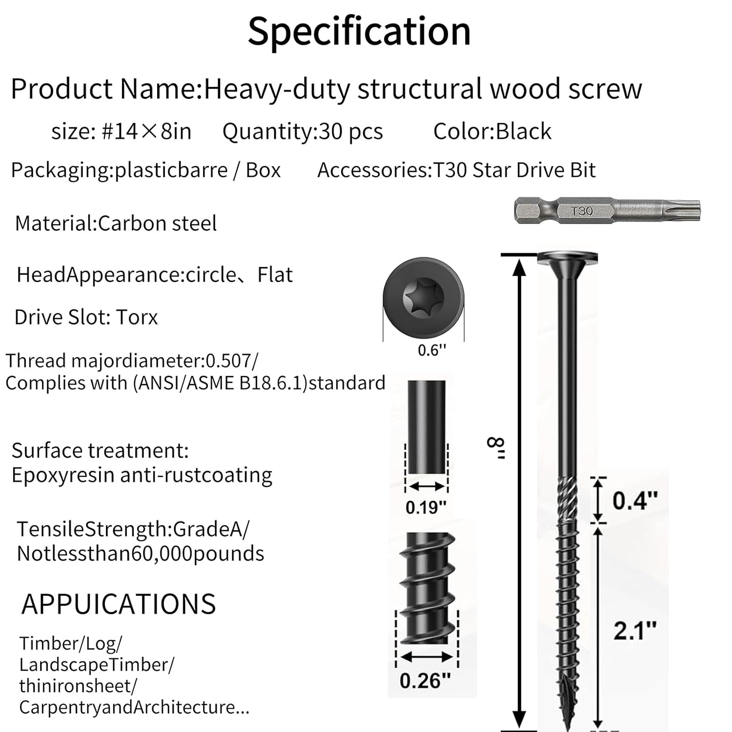 #14×8Inch Heavy Duty Outdoor Structural Screws, Rustproof Deck Screws, Star Driven Epoxy Wood Screws with T30 Drill Bit, No Pre-Drilling Required, for Woodworking Projects, 30Pcs