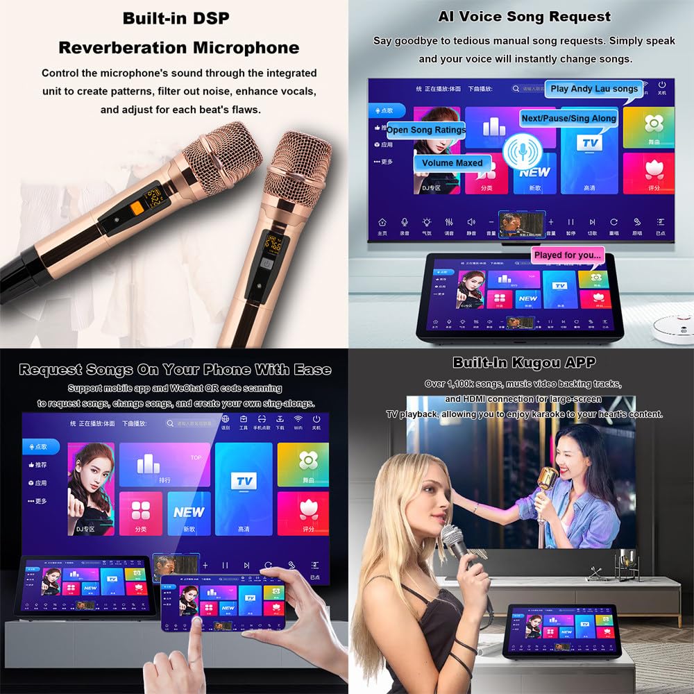 Macchina per Karaoke 5 in 1,con Schermo da 19,5"i,500G/1T/2T/3T/4T/6T,Richiesta di Brani Tramite App/Mobile/Voce,Tantissimi Brani/Film,Doppio Sistema,con Microfono,Altoparlante 6T