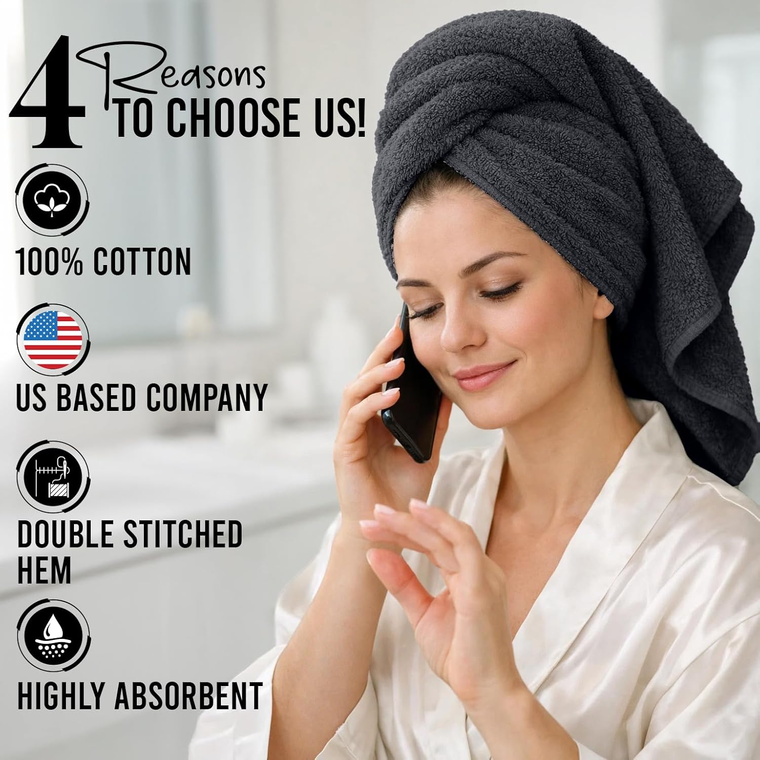 DAN RIVER 4 Pack Cotton Bath Towels – 22x44 Inches, Lightweight, Super Absorbent, Quick Drying, Soft & Durable Thick Body Towels for Home, Gym and Spa, Dark Gray