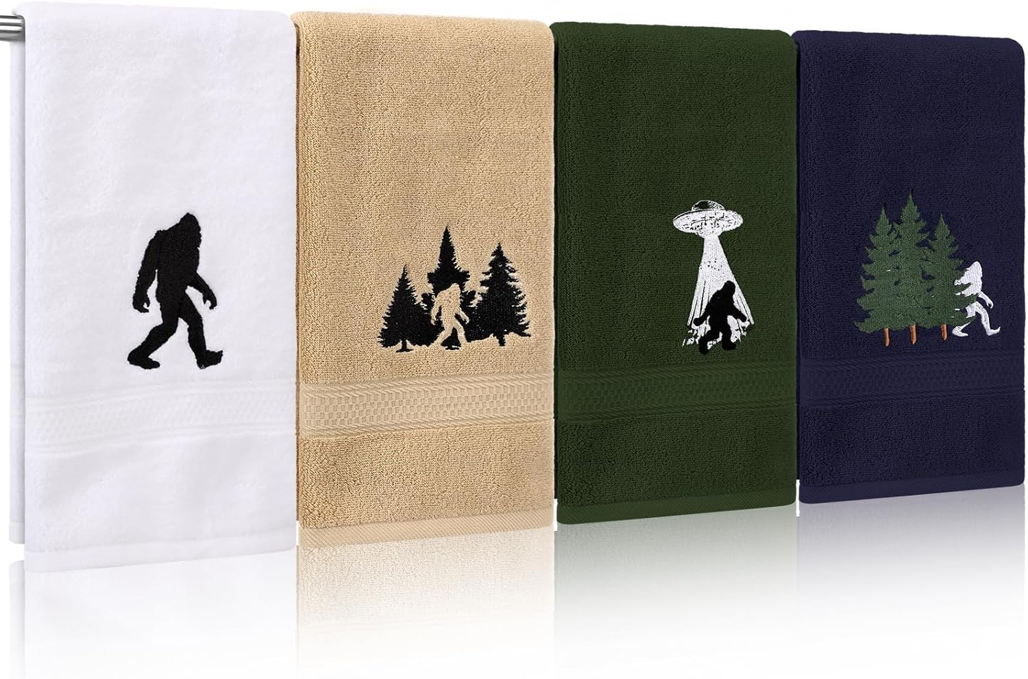 SmoothNovelty 4 Pcs Big Foot Hand Towels Embroidered 100% Cotton Bigfoot Sasquatch Bathroom Towels Absorbent Soft for Bathroom Kitchen Decor, 15.75 x 27.56''