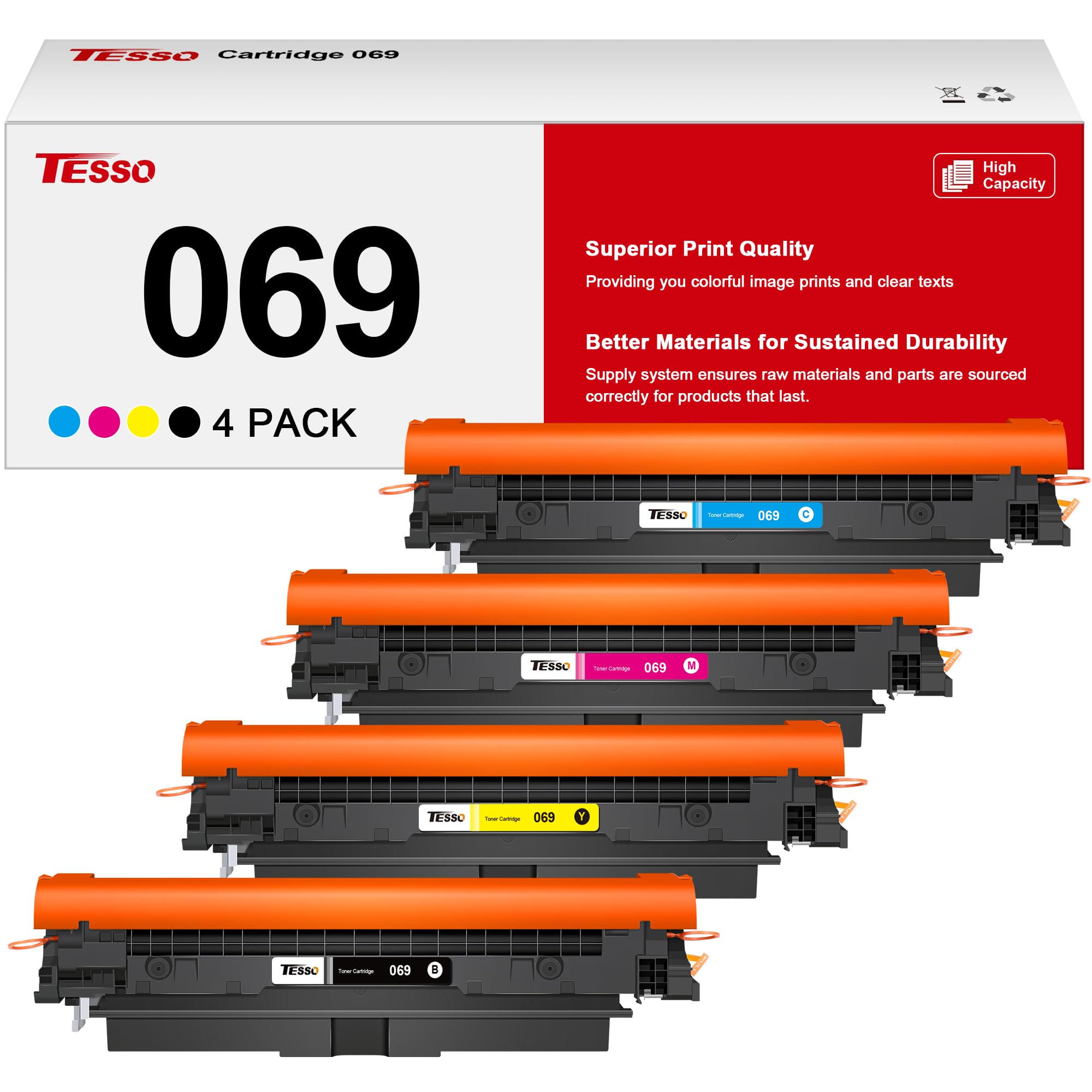 TESSO 069 069H 4 Pack Color Toner Cartridge Set Replacement for Canon 069 Toner Cartridge Set Work with Canon MF753cdw Toner Cartridges Color imageCLASS MF753Cdw MF751Cdw LBP674Cdw Printer, 4 Pack